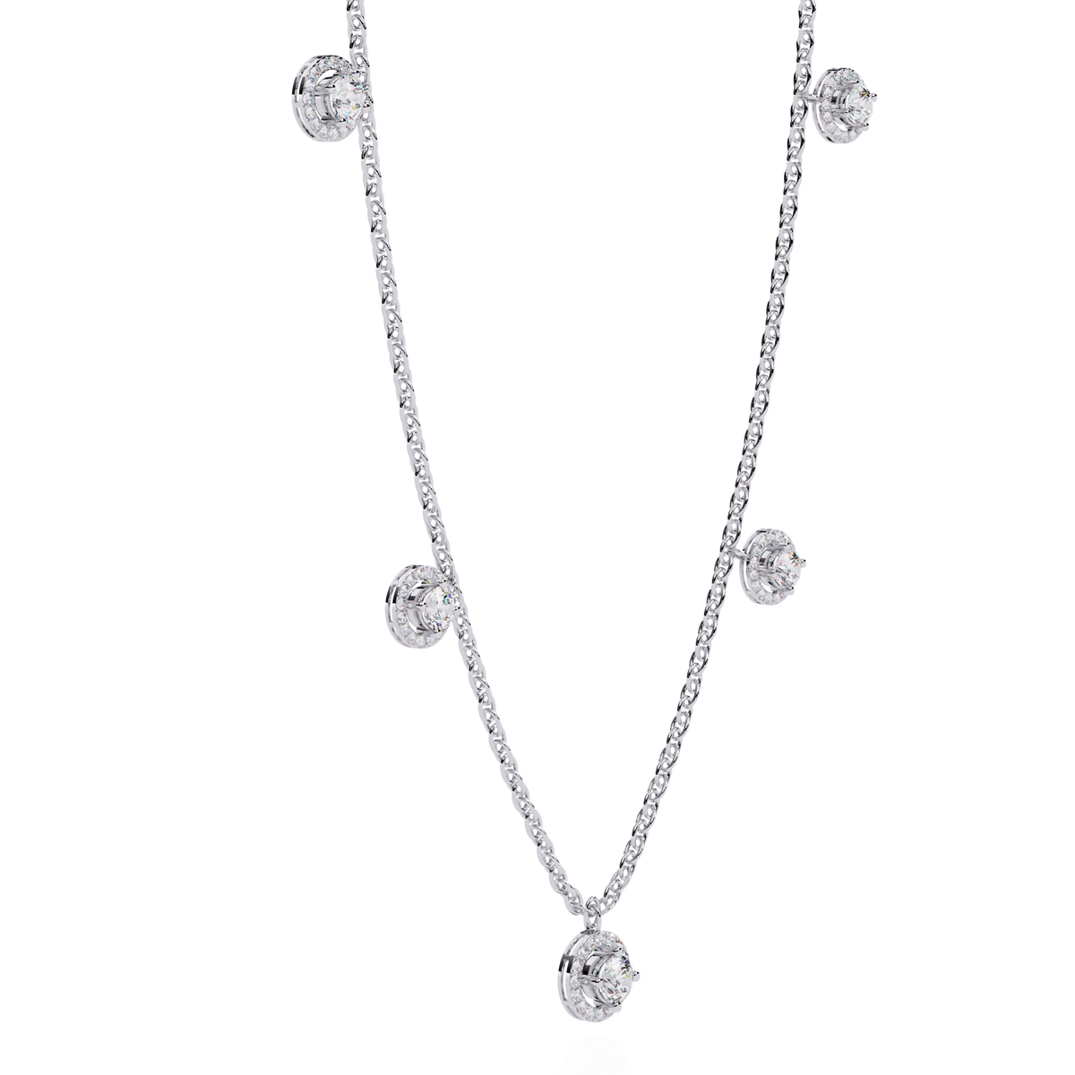 Round Cut Moissanite Diamond Halo Station Necklace - View 6