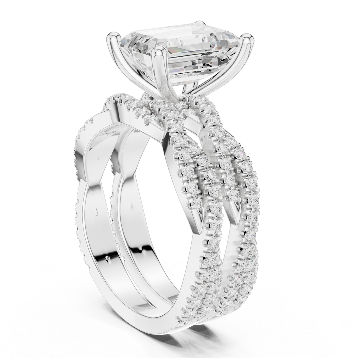 Emerald Cut Lab Grown Diamond Women's Crisscross Split Band Gold Ring - View 12