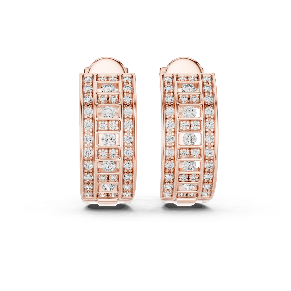 Round Lab Diamond Geometric Grid C Hoop Earrings with Micro Pavé Rows - View 2