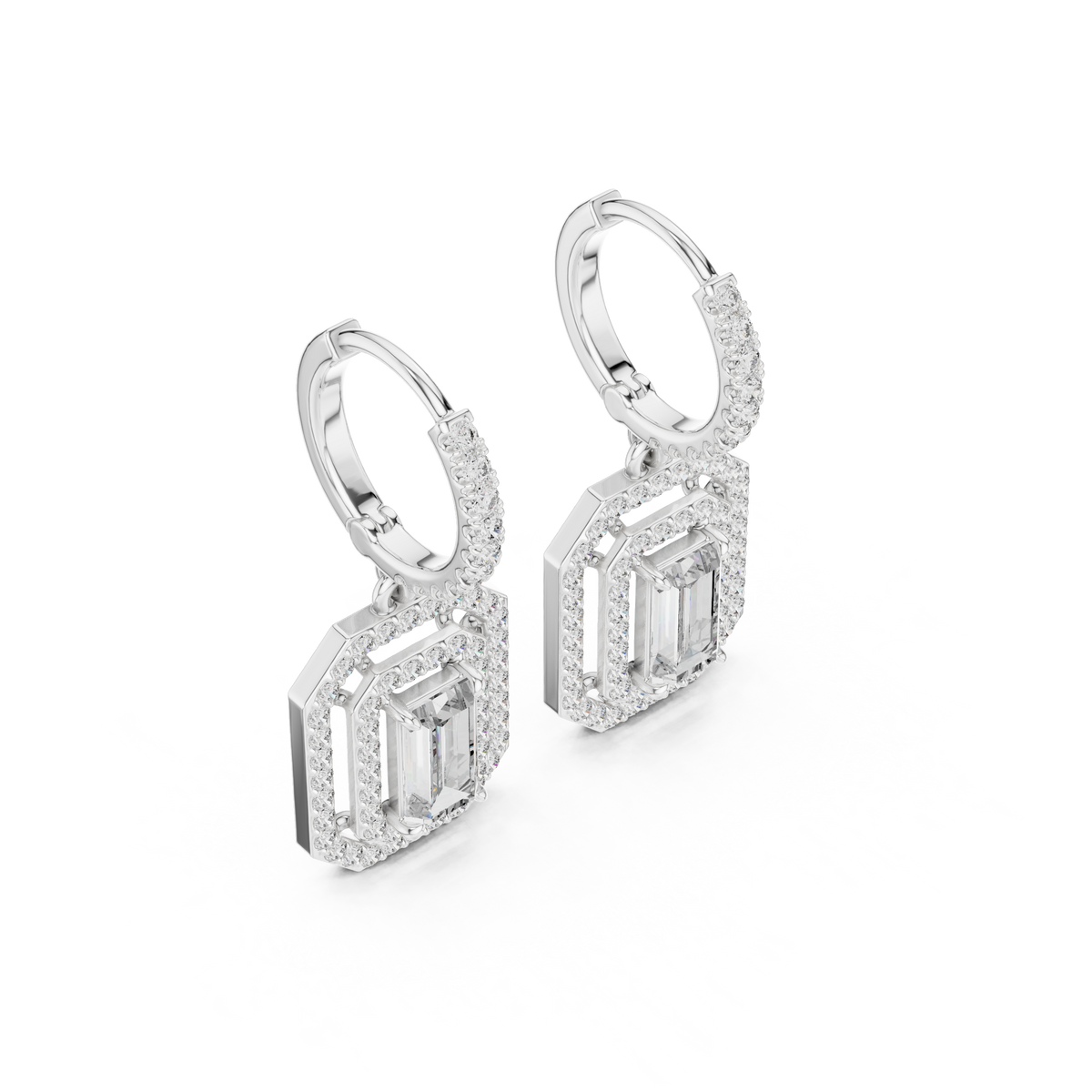 Art Deco Octagonal Double Halo Emerald Cut Moissanite Diamond Huggie Drop Earrings - View 6