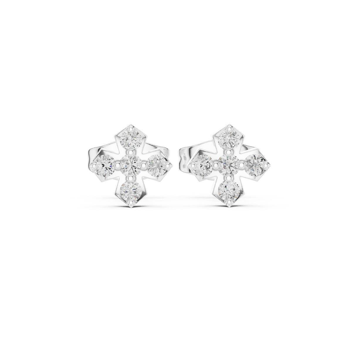 Refined Geometric Cross Round Moissanite Diamond Stud Earrings with Five Stone Cluster - View 3