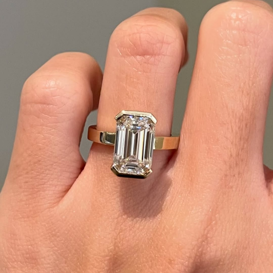 Emerald Moissanite Diamond Half Bezel Solitaire Ring With Wide Band - View 2