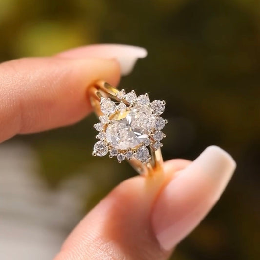 Oval Halo Lab Diamond Ring With Floral Cluster Setting - View 2