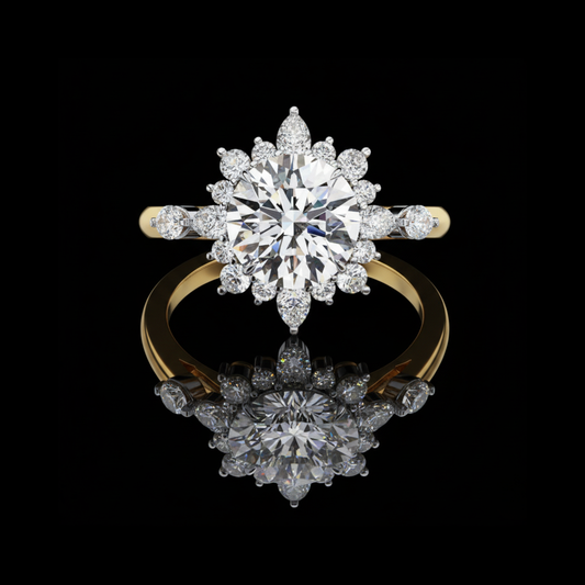 Round Sunburst Halo Moissanite Diamond Ring with Marquise Cut