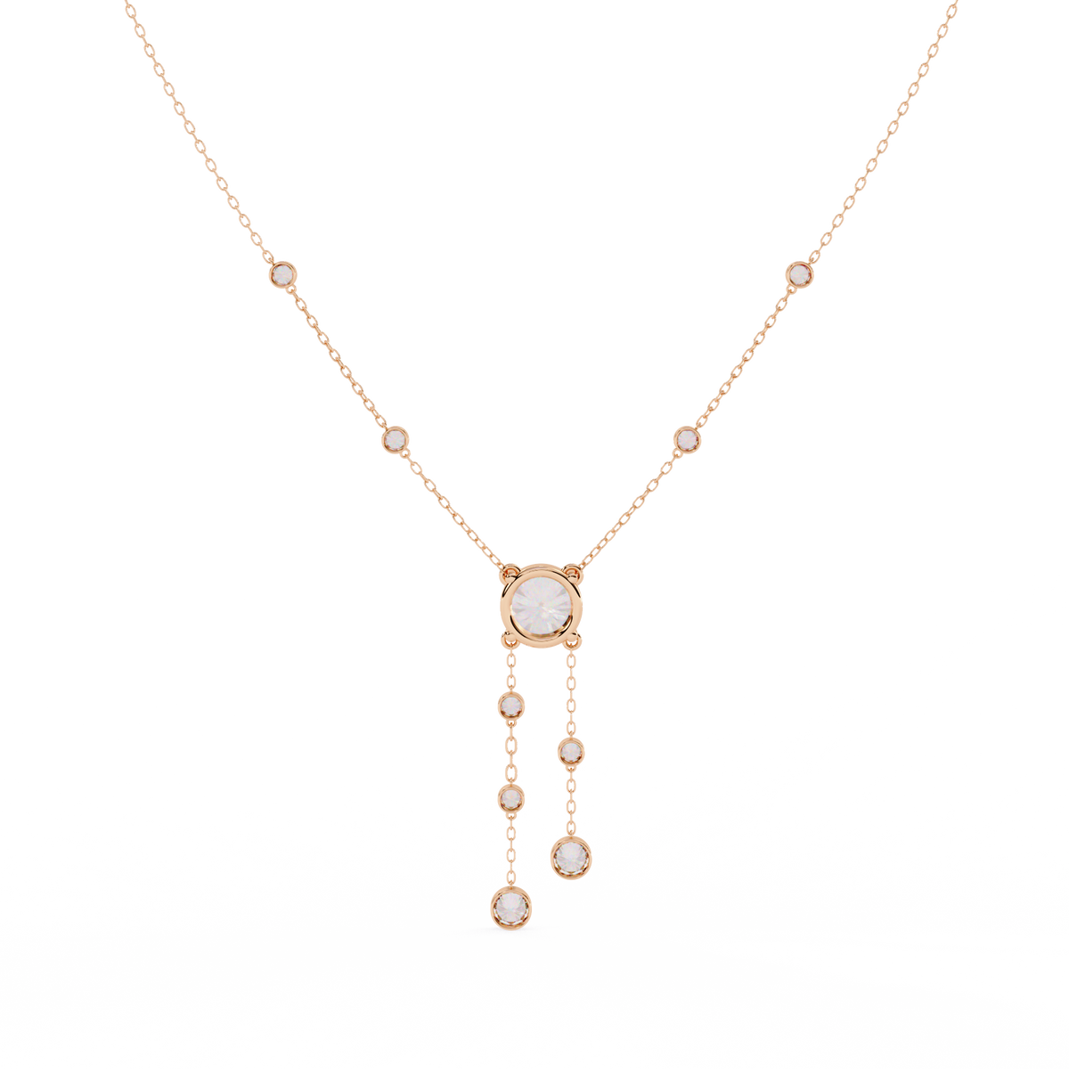 Round Moissanite Diamond Lariat Necklace with Bezel Station Drops - View 3