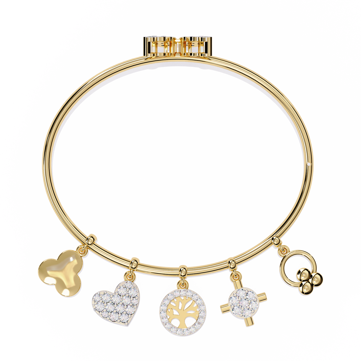Round Lab Diamond Charm Bangle Bracelet Heart & Symbol Charms - View 5