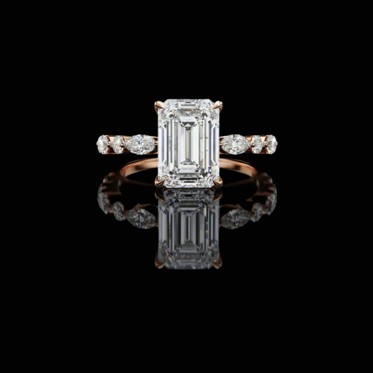 Emerald Cut Moissanite Diamond Pave Band With Side Stone Anniversary Ring
