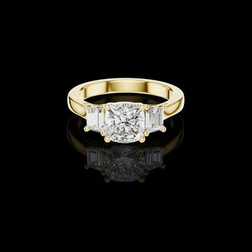 Cushion Three Stone Lab Diamond Ring With Tapered Side Stone