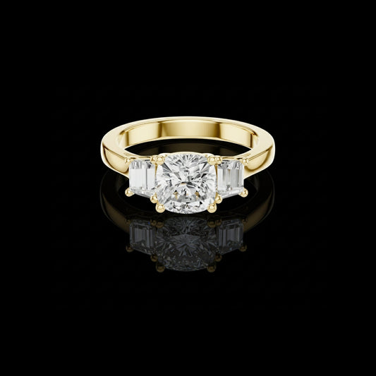 Cushion Three Stone Lab Diamond Ring With Tapered Side Stone