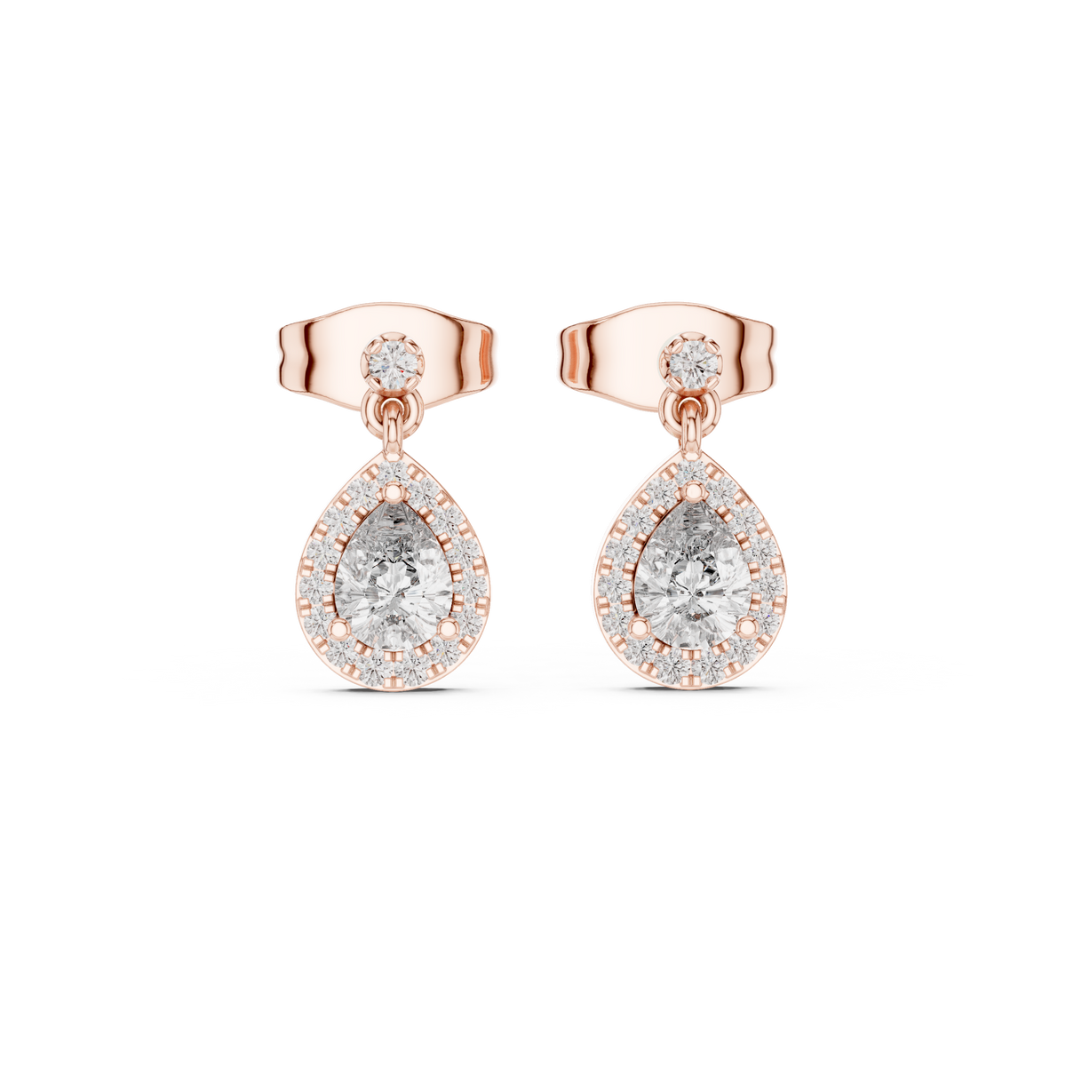 Pear Shape Lab Grown Diamond Miniature Halo Drop Earrings With Push Back - View 2