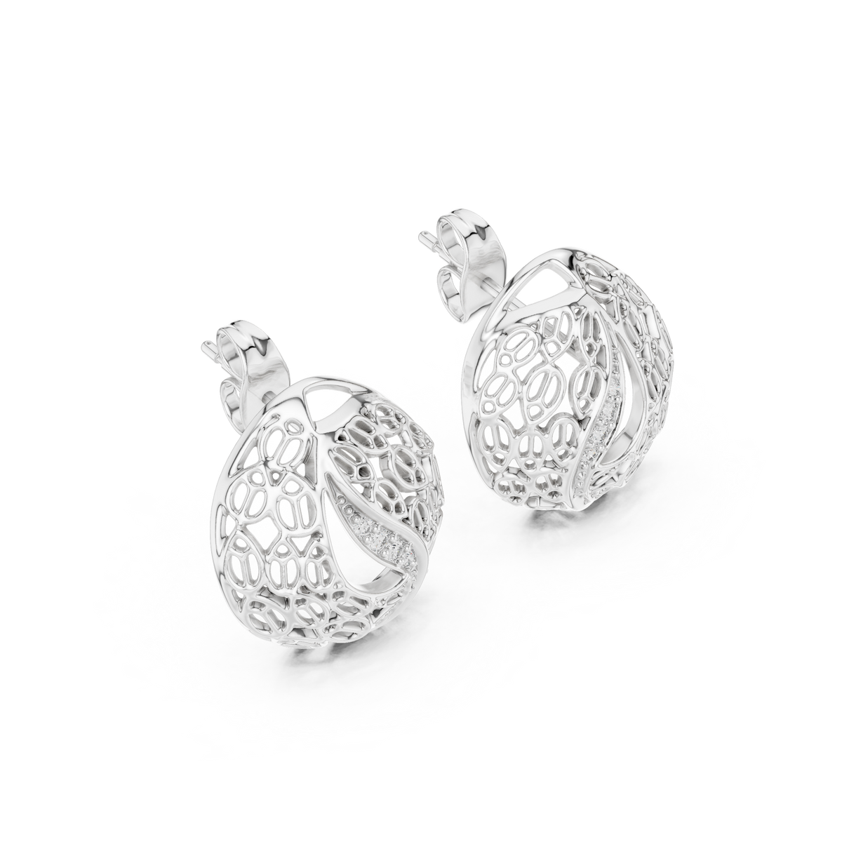Artisan Filigree Wave Round Lab Diamond Stud Earrings with Curved Pave Accent - View 6