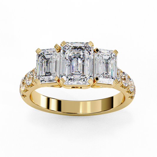 Three Stone Emerald Lab Diamond Engagement Ring With Emerald Side Stone - View 2