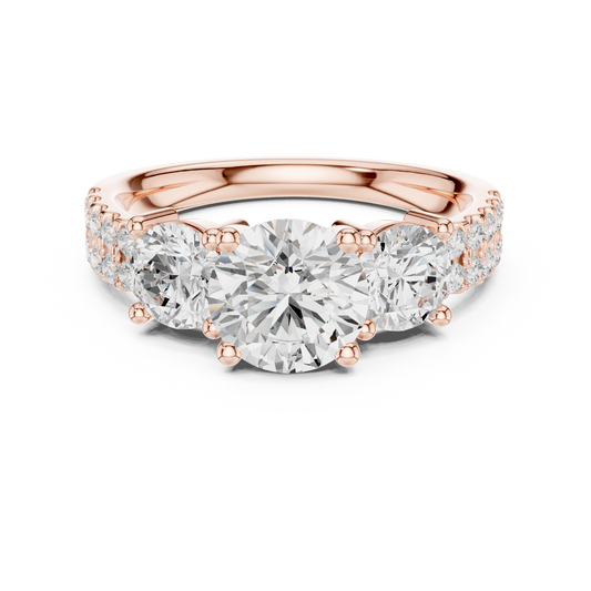 Three Stone Gold Ring Round Cut Moissanite Diamonds With Pave Accents - View 2