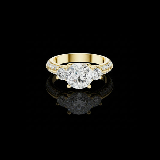 Round Three Stone Engagement Moissanite Diamond Cathedral Ring