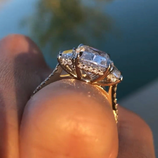 Cushion Cut Three Stone Moissanite Diamond Engagement Ring with Pavé Band - View 2