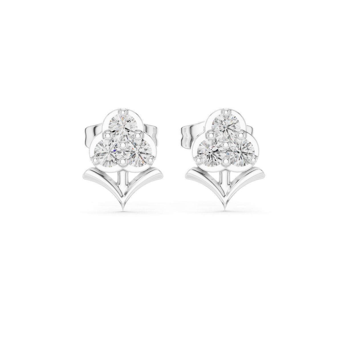Stem Motif Floral Clover Round Triple Moissanite Diamond Cluster Earring - View 3