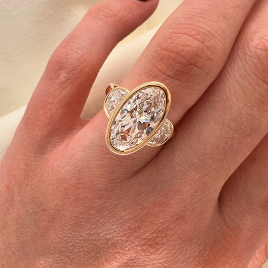 Oval Moissanite Diamond Bezel Set Ring With Half Moon Side Stone - View 2