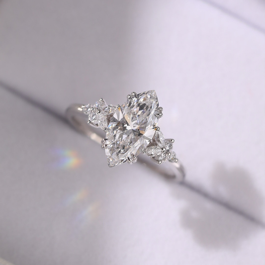 Marquise Moissanite Diamond Cluster Ring with Round And Marquise Side Accents - View 2