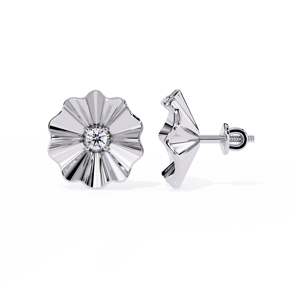 Sunburst Lab Diamond Round Center Flower Stud Earrings with Fluted Design - View 6