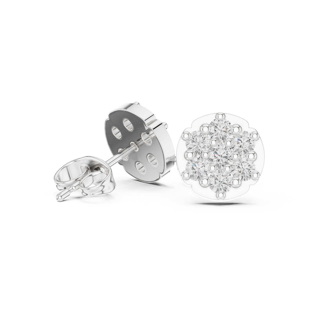 Aurora Halo Blossom Round Moissanite Diamond Cluster Stud Earrings with Rounded Floral Silhouette - View 9
