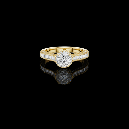 Round Cut Lab Diamond Ring Baguette Side Stones Cathedral Solitaire