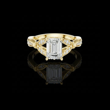 Emerald Cut Moissanite Diamond Ring with Intricate Leaf Motif Band