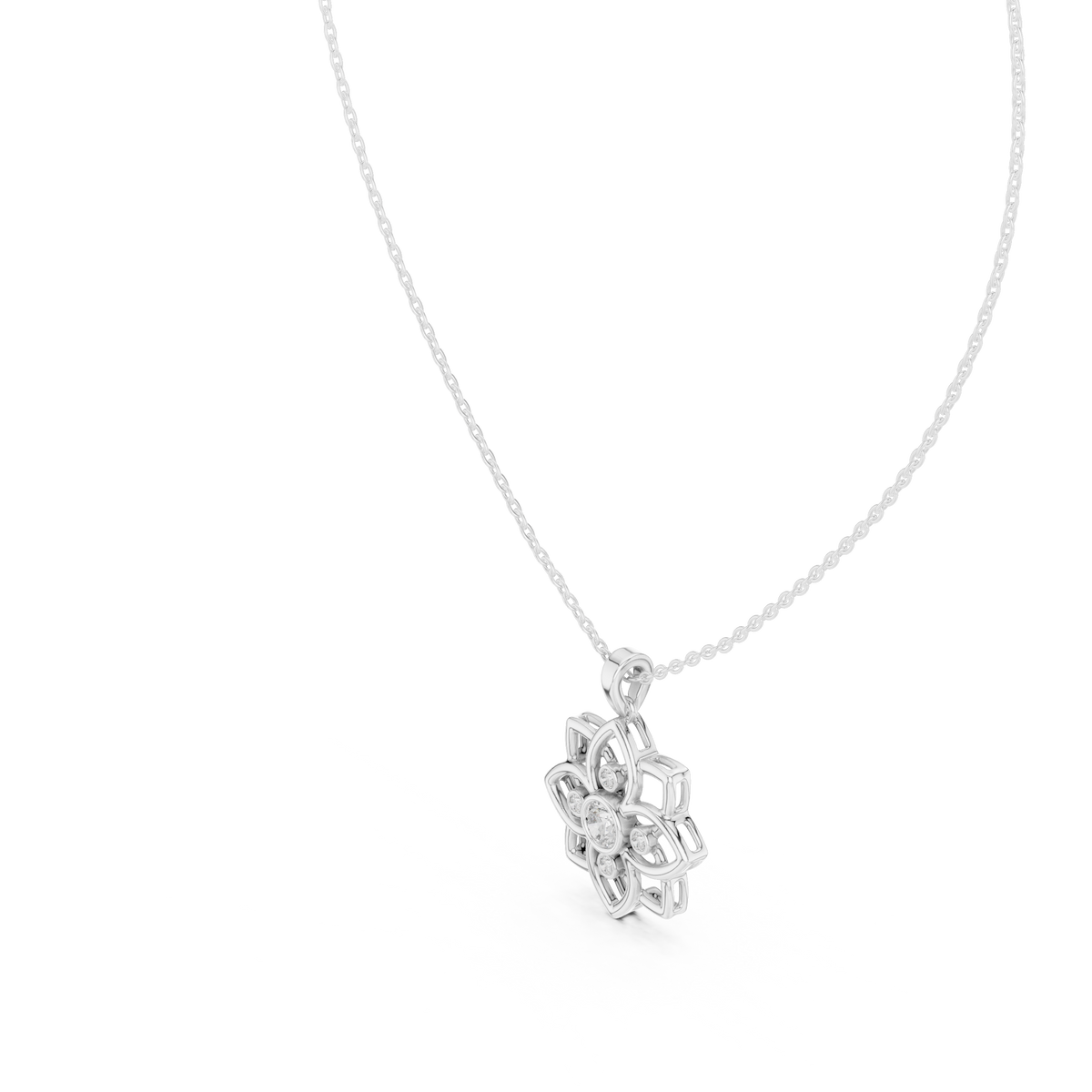 Lotus Motif Flower Pattern Charm Pendant with Round Lab Grown Diamond - View 12