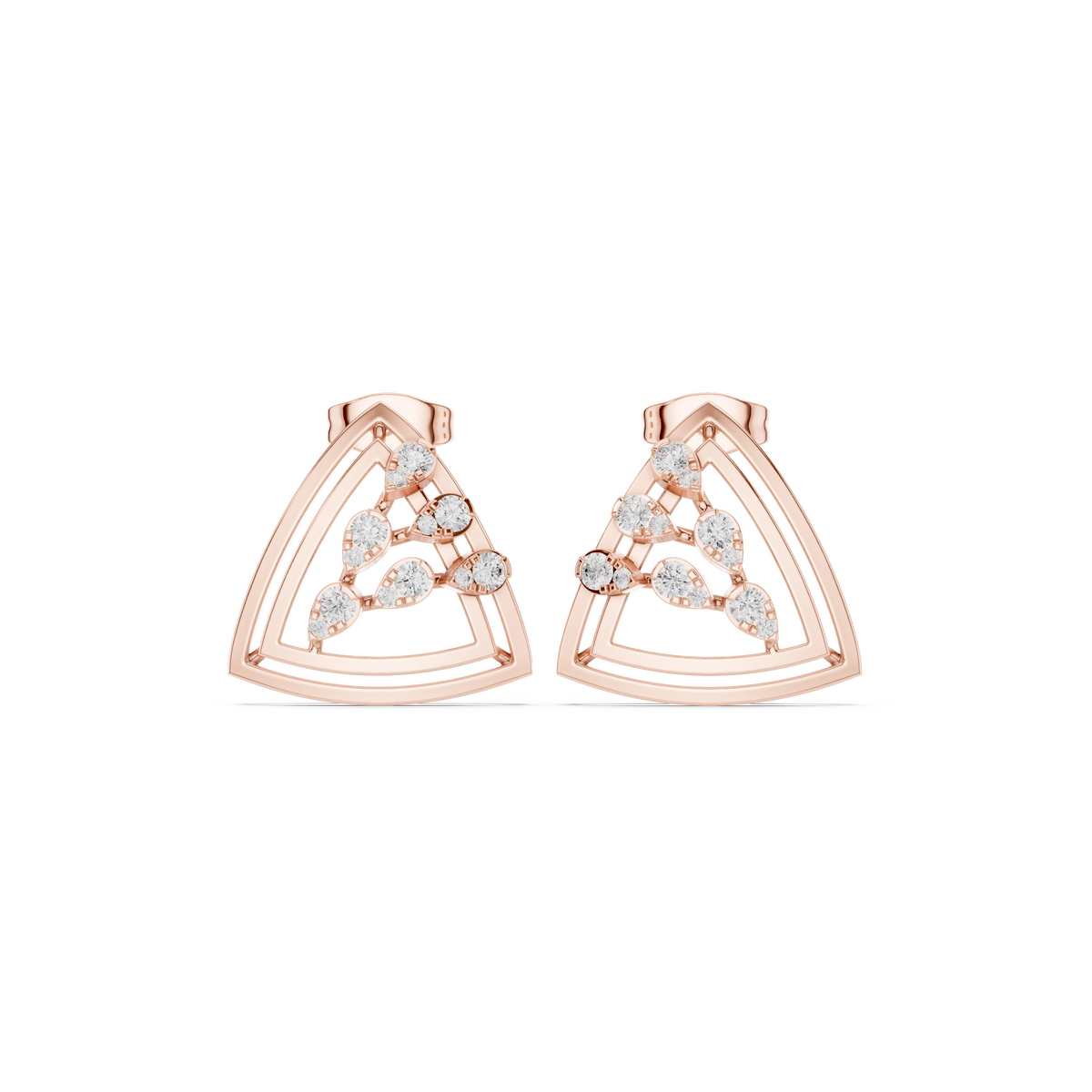 Modern Geometric Triangle Round Cut Lab Diamond Stud Earrings with Open Frame Design - View 2
