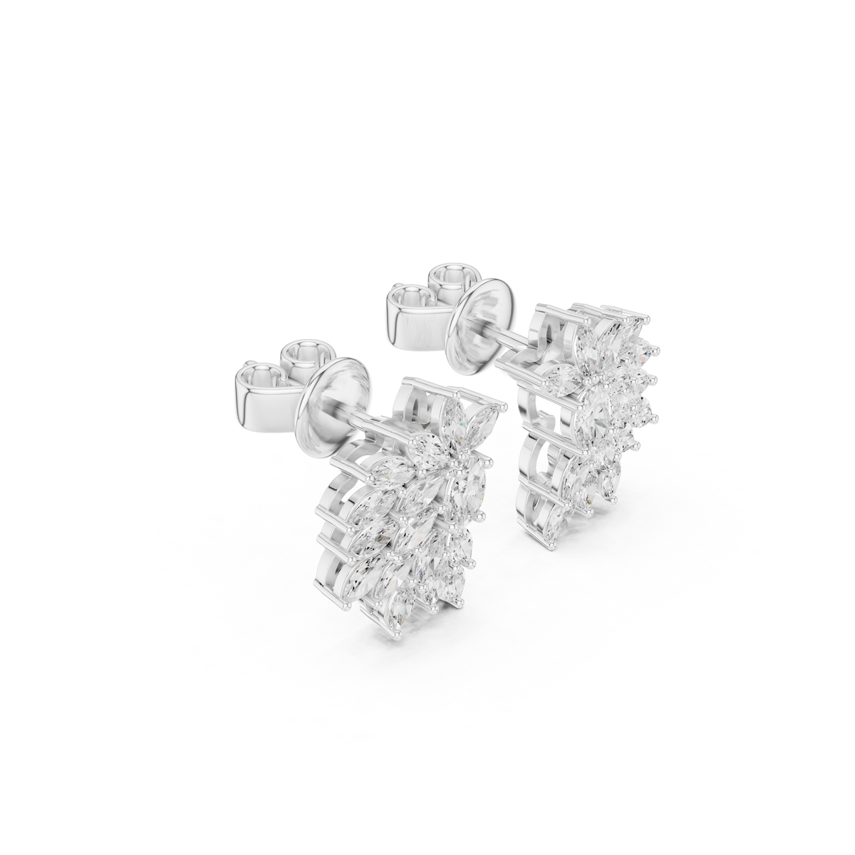 Floral Marquise Cut Moissanite Diamond Cluster Stud Earrings with Leaf Inspired Design - View 6