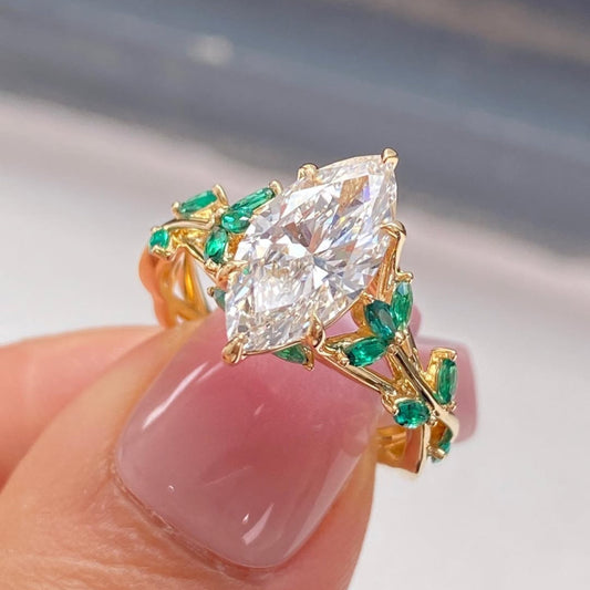 Marquise Lab Diamond Nature Inspired With Green Side stone Anniversary Ring - View 2