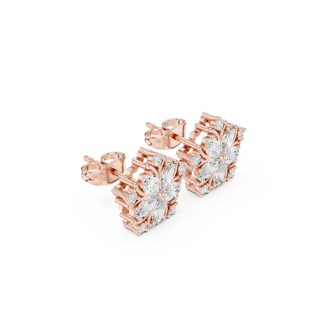 Blossom Petal Cluster Marquise And Round Lab Diamond Stud Earrings Floral Starburst - View 3