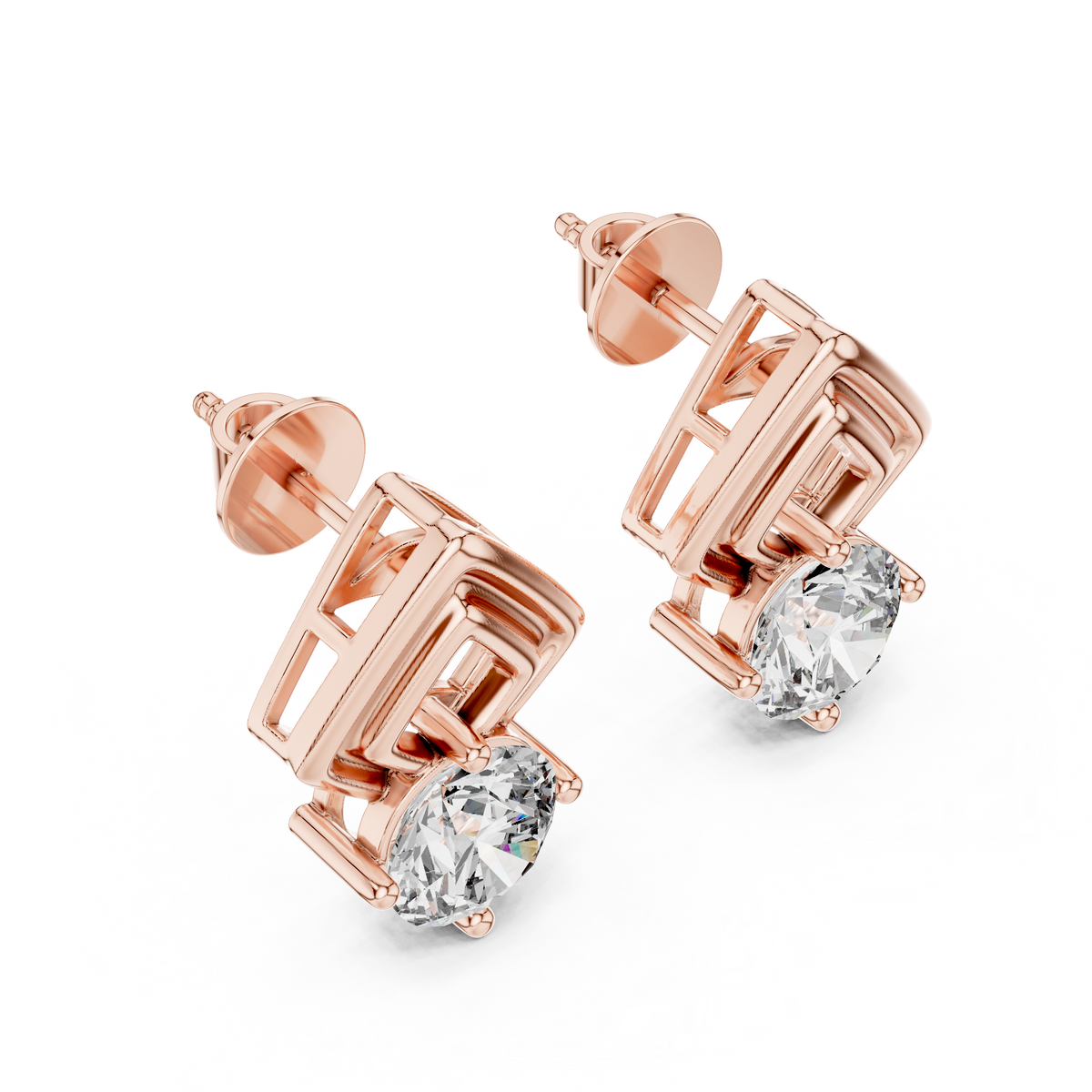 Chevron Round Moissanite Diamond Stud Earrings with Modern Geometric Open Frame Design - View 3