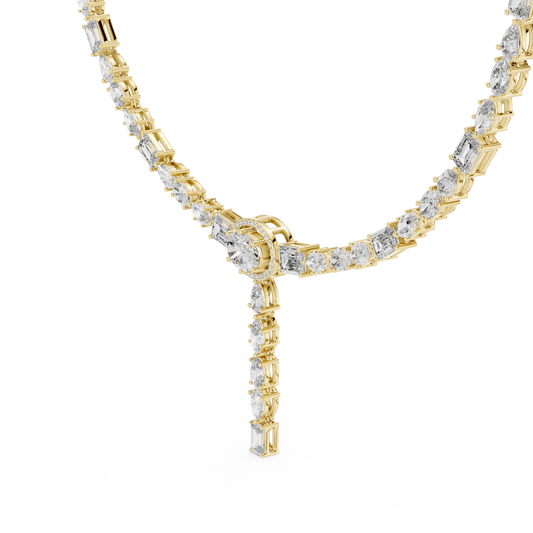 Halo Oval Moissanite Diamond Y Necklace with Mixed Cut Drop Pendant - View 2