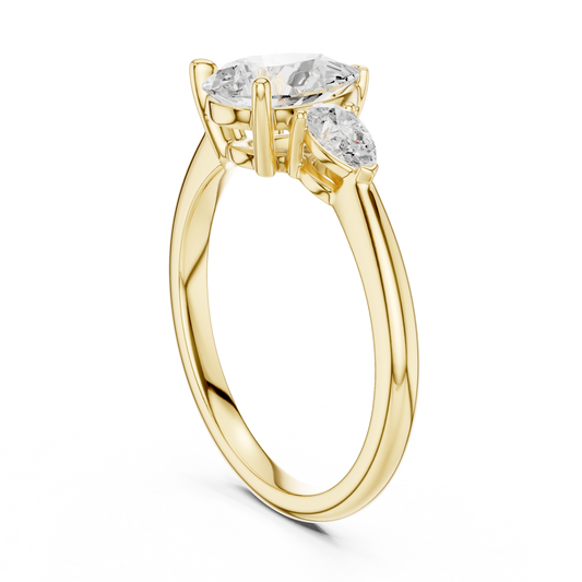 Pear Cut Three Stone Moissanite Diamond Ring with Marquise Side Stones - View 2