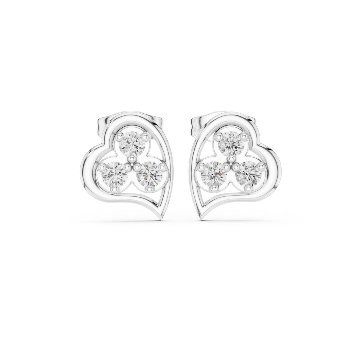 Three Stone Heart Round Brilliant Cut Lab Diamond Stud Earrings Trefoil Cluster - View 3