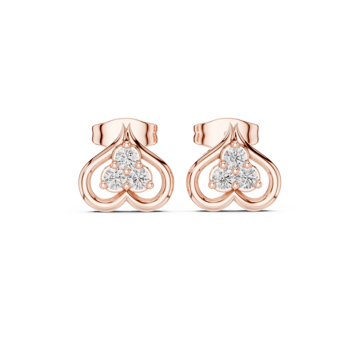 Clover Motif Round Moissanite Diamond Earrings Three Stone Open Loop Heart Studs - View 2