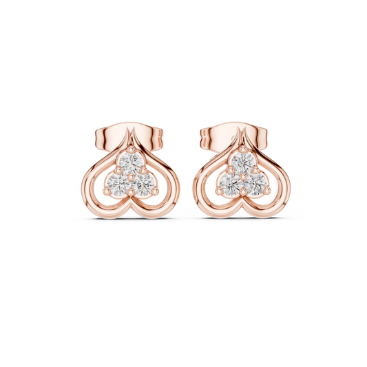 Clover Motif Round Lab Diamond Earrings Three Stone Open Loop Heart Studs - View 2