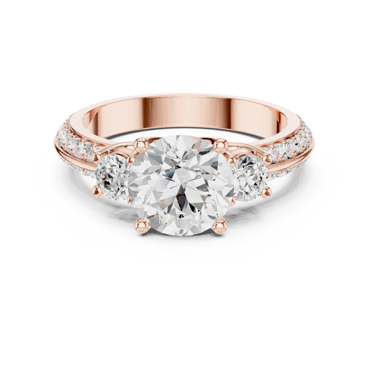 Round Three Stone Engagement Moissanite Diamond Cathedral Ring - View 2