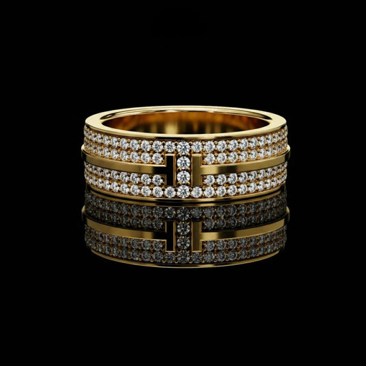 Round Cut Triple Row Pave Moissanite Diamond Statement Band Ring