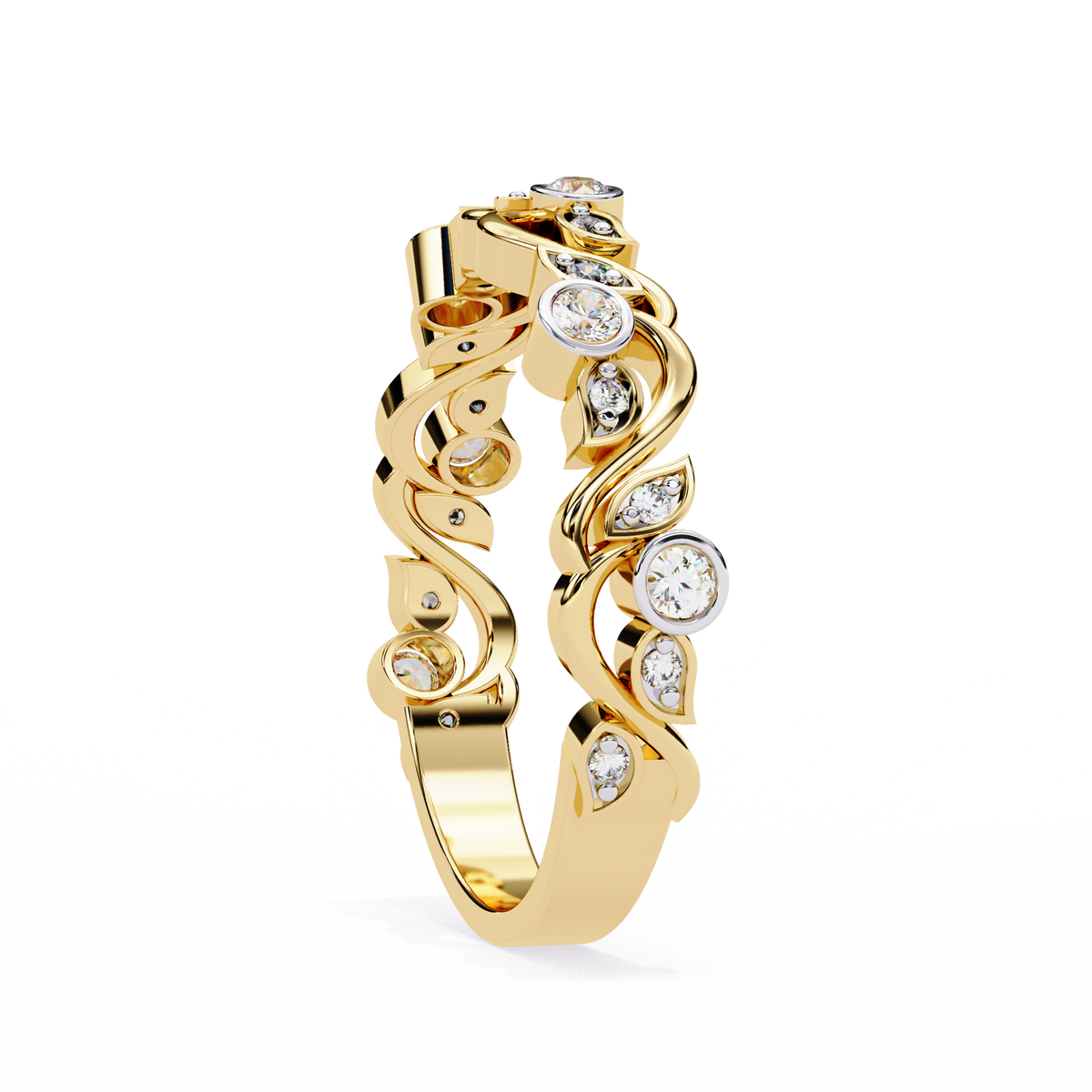 Round Moissanite Diamond Bezel Set Diamond Vine Design Band - View 5