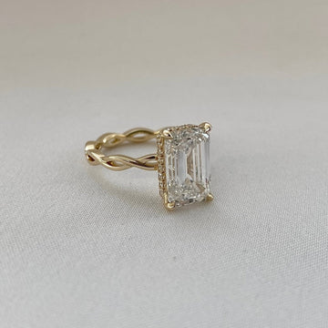 Emerald Cut Hidden Halo Lab Diamond Twisted Solitaire Ring