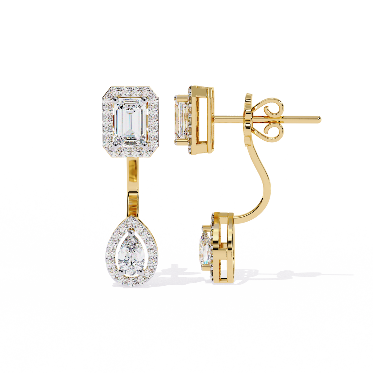 Sophisticated Emerald Halo Top with Pear Halo Drop Moissanite Diamond Earrings in Gold - View 4