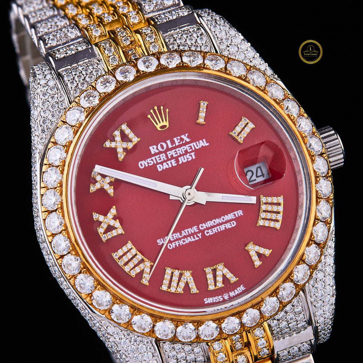 Two-Tone Calendar Watch with Burgundy Roman Dial Diamond Bezel & 5-Link Bracelet