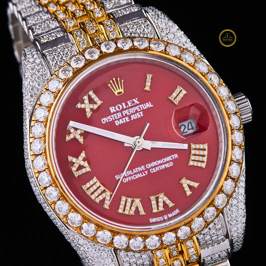 Diamond Iced Two Tone Luxury Bracelet Timepiece with Royal Red Dial Lab Grown Diamond By Ivevar