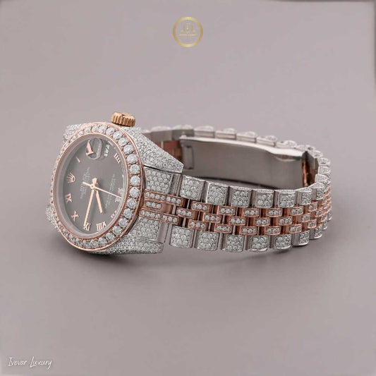 Sustainable Two-Tone Lab Grown Diamond Encrusted Luxury Watch with Black Roman Dial By Ivevar Luxury