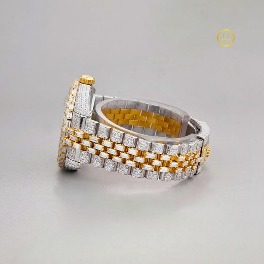 Imperial Gold and Silver Lab Diamond Encrusted Roman Luxury Timepiece with Full Pavé Dial and Baguette-Cut Detailing