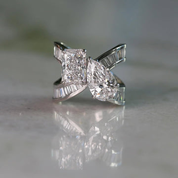 Radiant and Pear Moissanite Diamond Toi et Moi Baguette  Bypass Ring