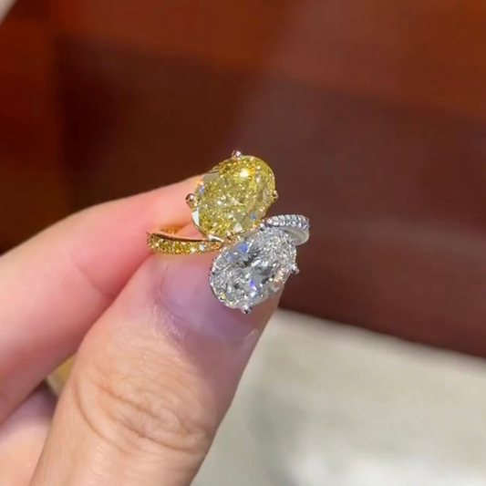 Oval Yellow and White Moissanite Diamond Toi et Moi Ring