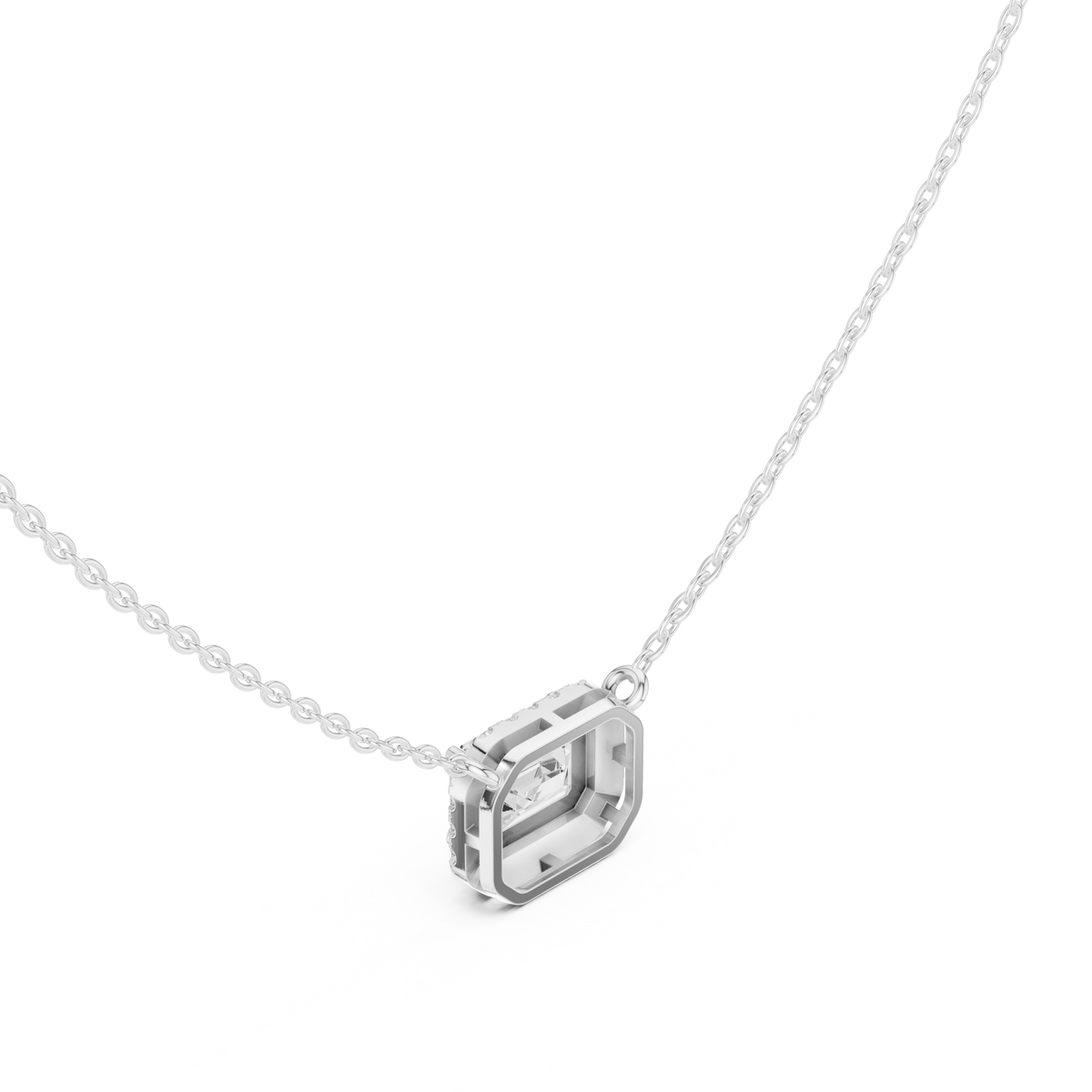 Emerald Cut Halo Pendant with Round Moissanite Diamonds - View 9