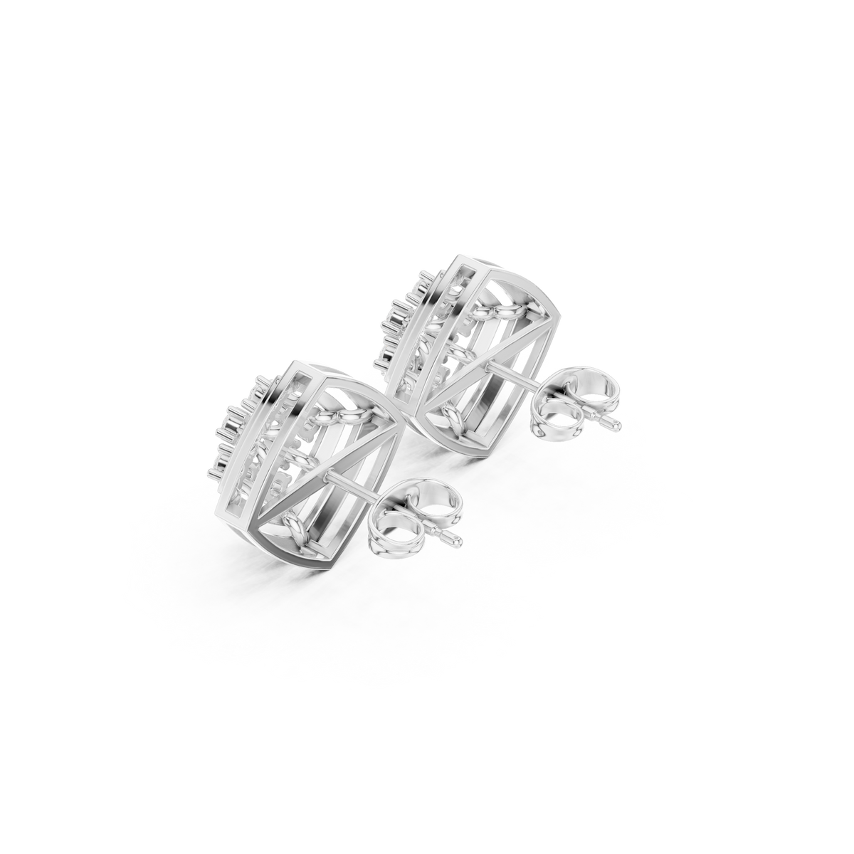 Geometric Cage Round Brilliant Cut Lab Diamond Stud Earrings With Openwork Frame - View 12